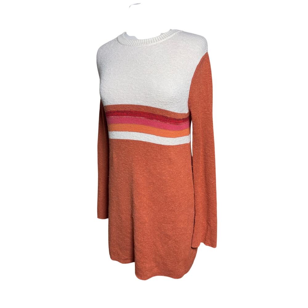 FREE PEOPLE Women’s Retro Rust Striped Linen Blend Mini Sweater Dress - Picture 6 of 7